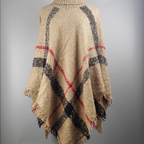 Camel Plaid Chunky Knit Sweater Poncho - Picture 3 of 3